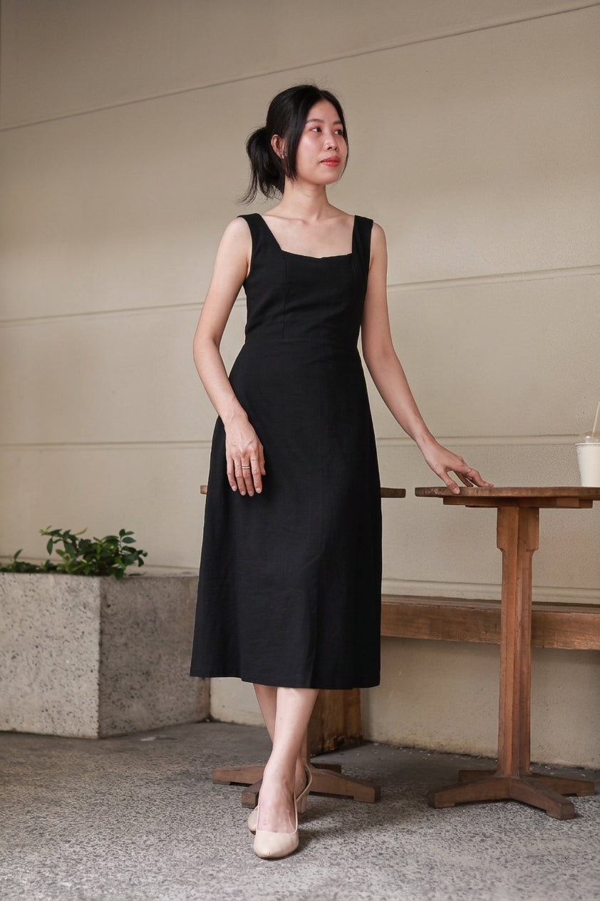 Camille Square-Neck Midi Dress - Black