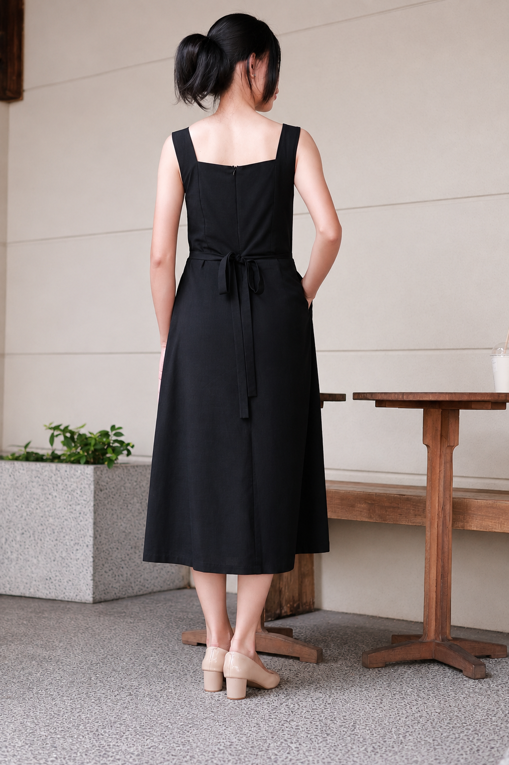 Camille Square-Neck Midi Dress - Black
