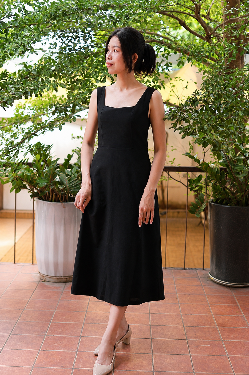 Camille Square-Neck Midi Dress - Black