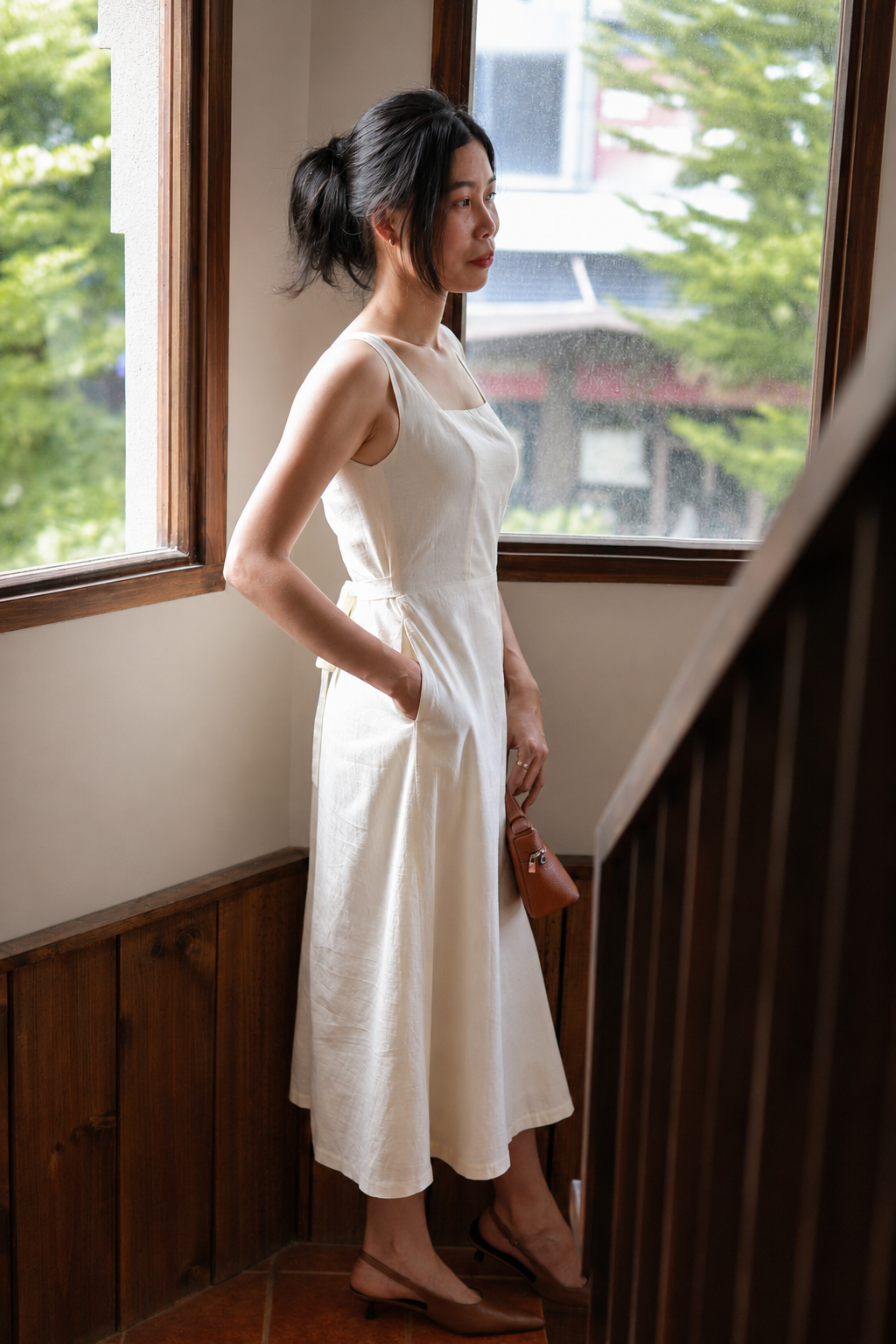 Camille Square-Neck Midi Dress - Cream Beige