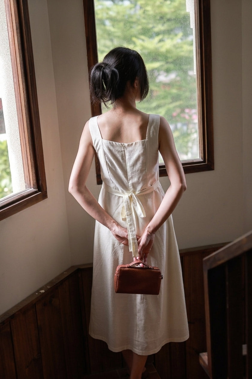 Camille Square-Neck Midi Dress - Cream Beige