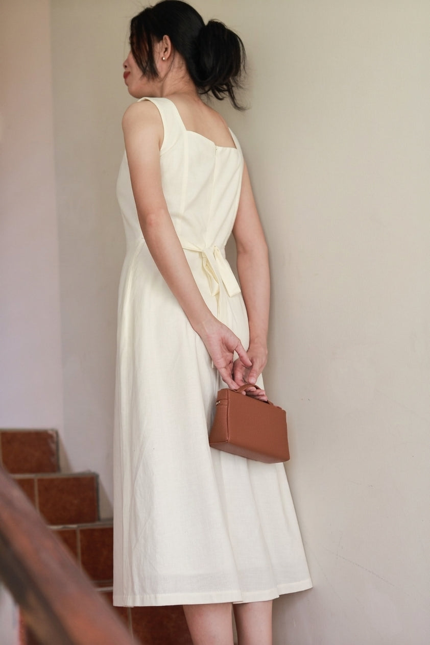 Camille Square-Neck Midi Dress - Cream Beige