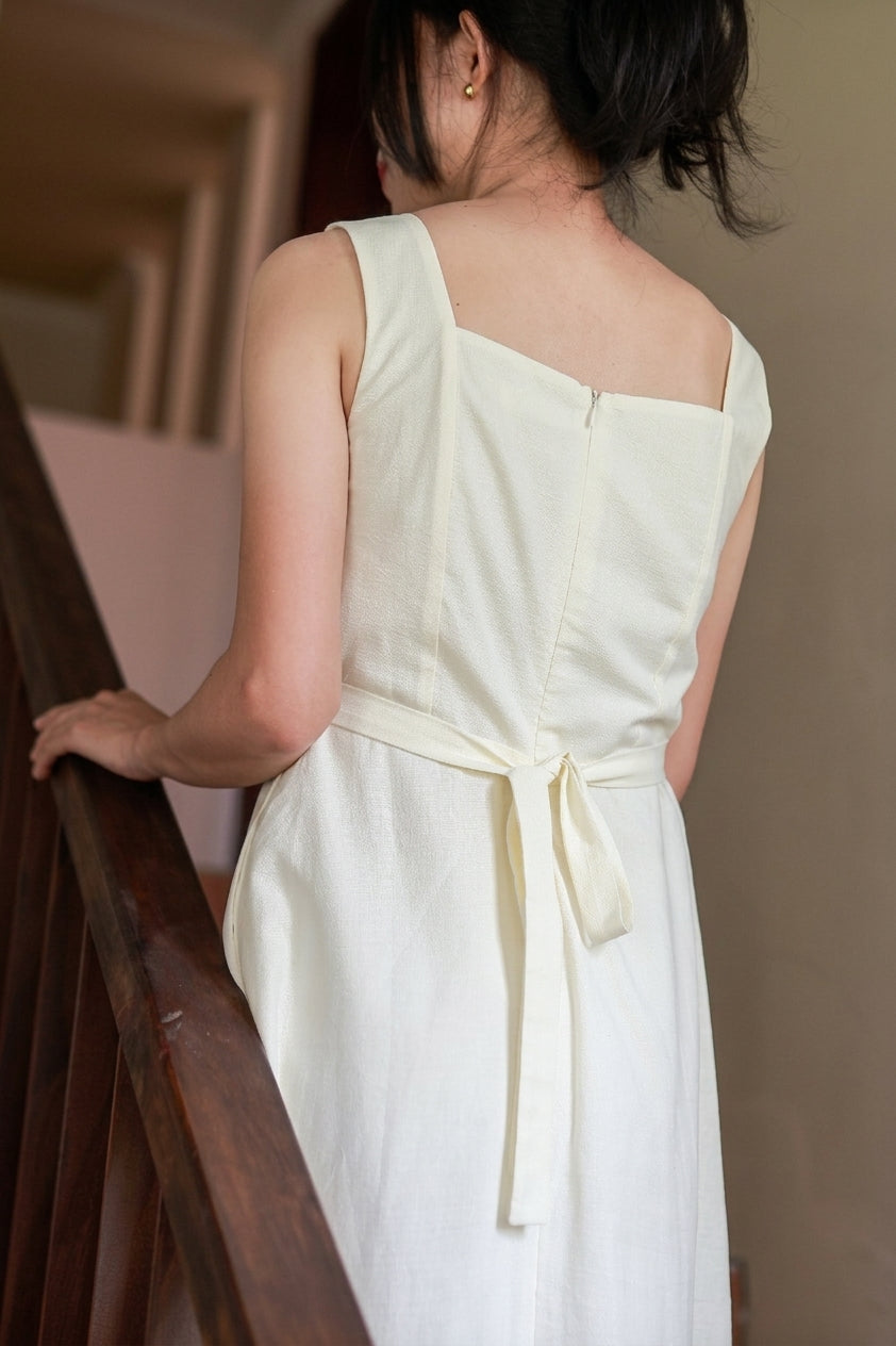 Camille Square-Neck Midi Dress - Cream Beige