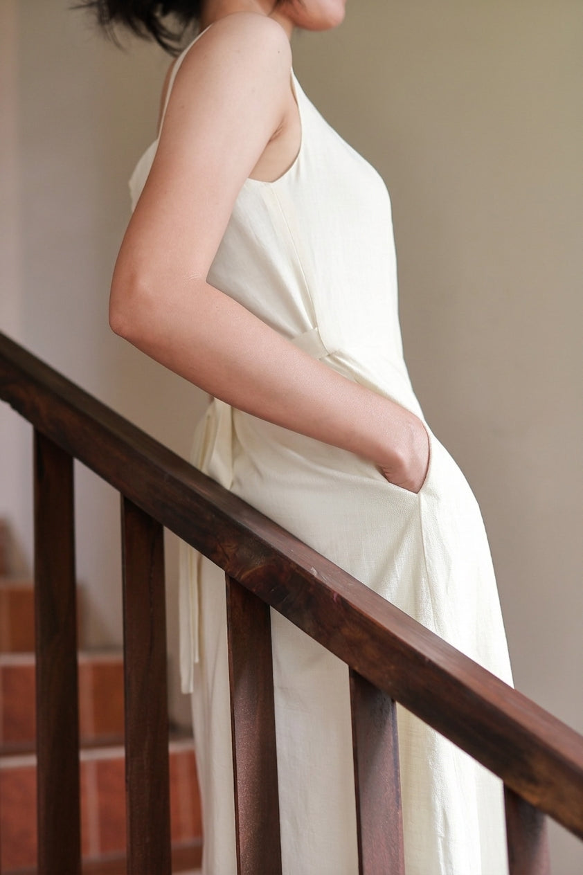 Camille Square-Neck Midi Dress - Cream Beige