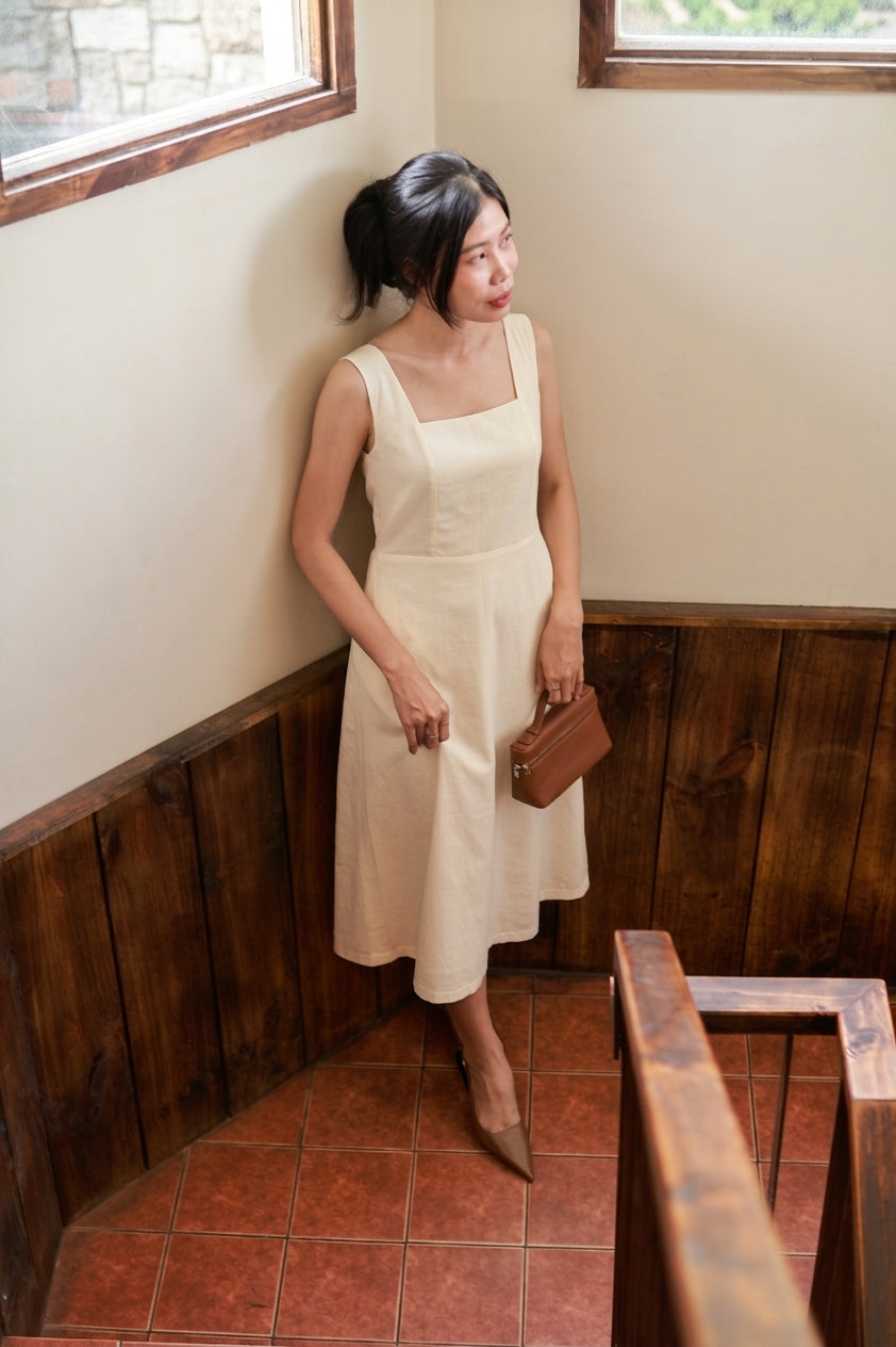 Camille Square-Neck Midi Dress - Cream Beige