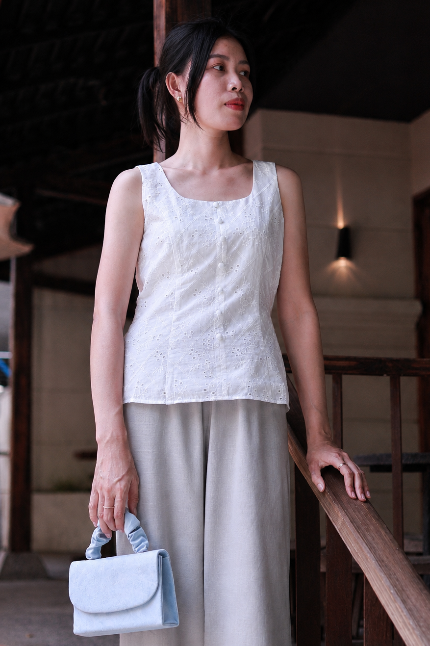Elise Button Eyelet Top - White
