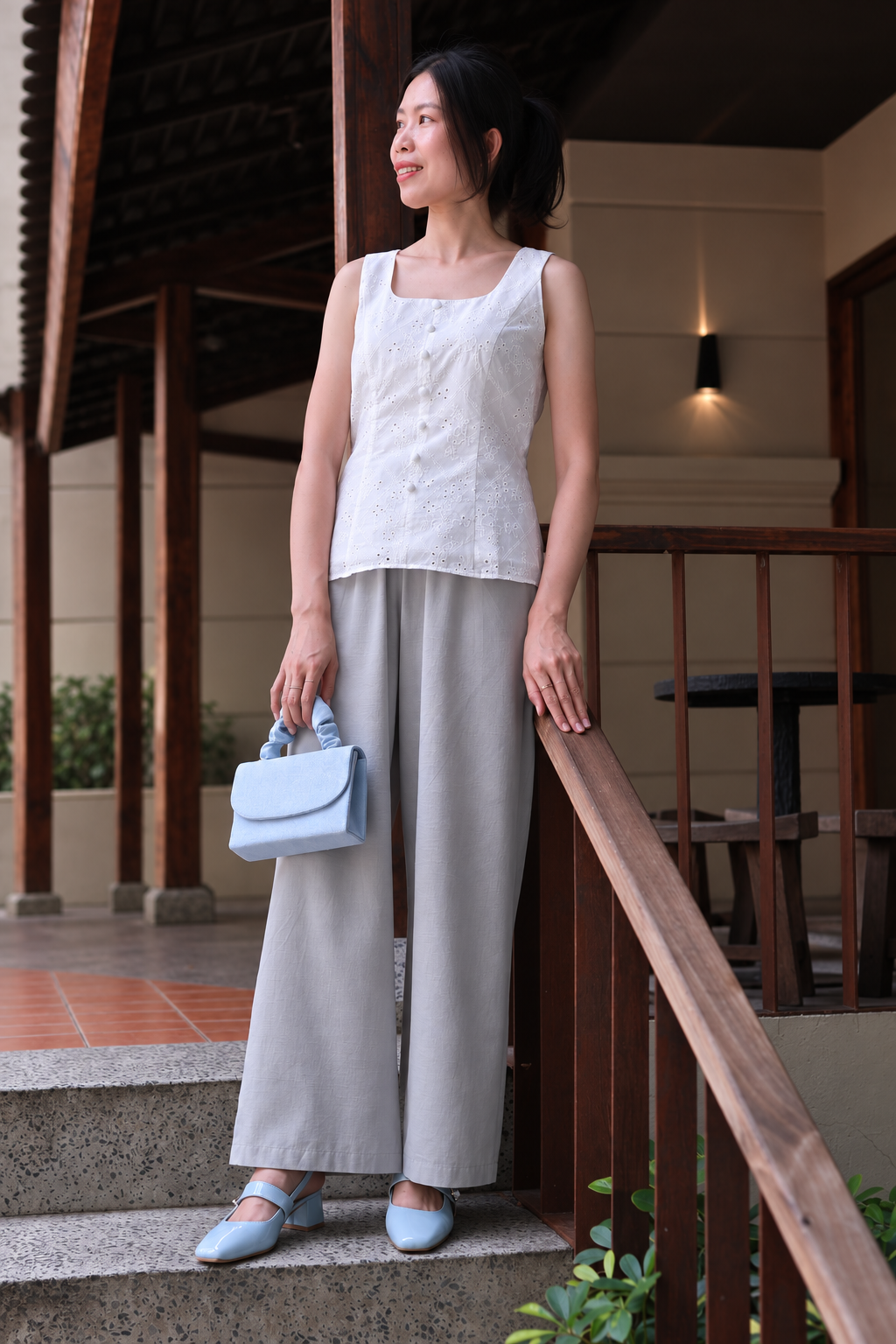 Elise Button Eyelet Top - White
