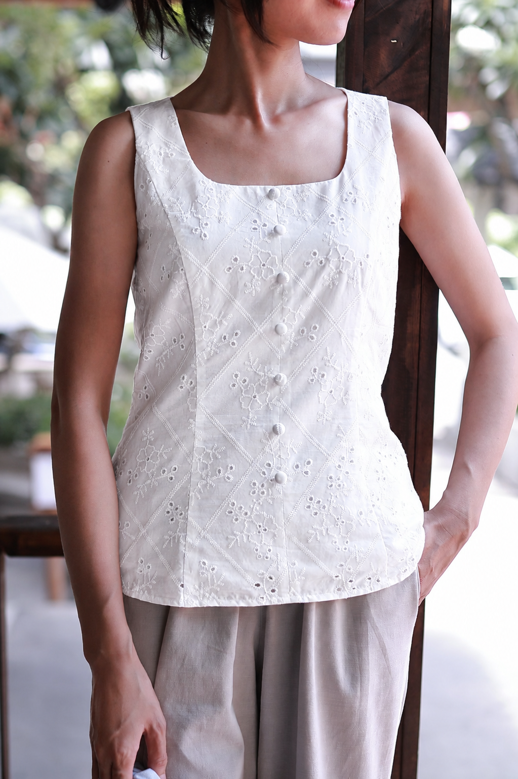 Elise Button Eyelet Top - White