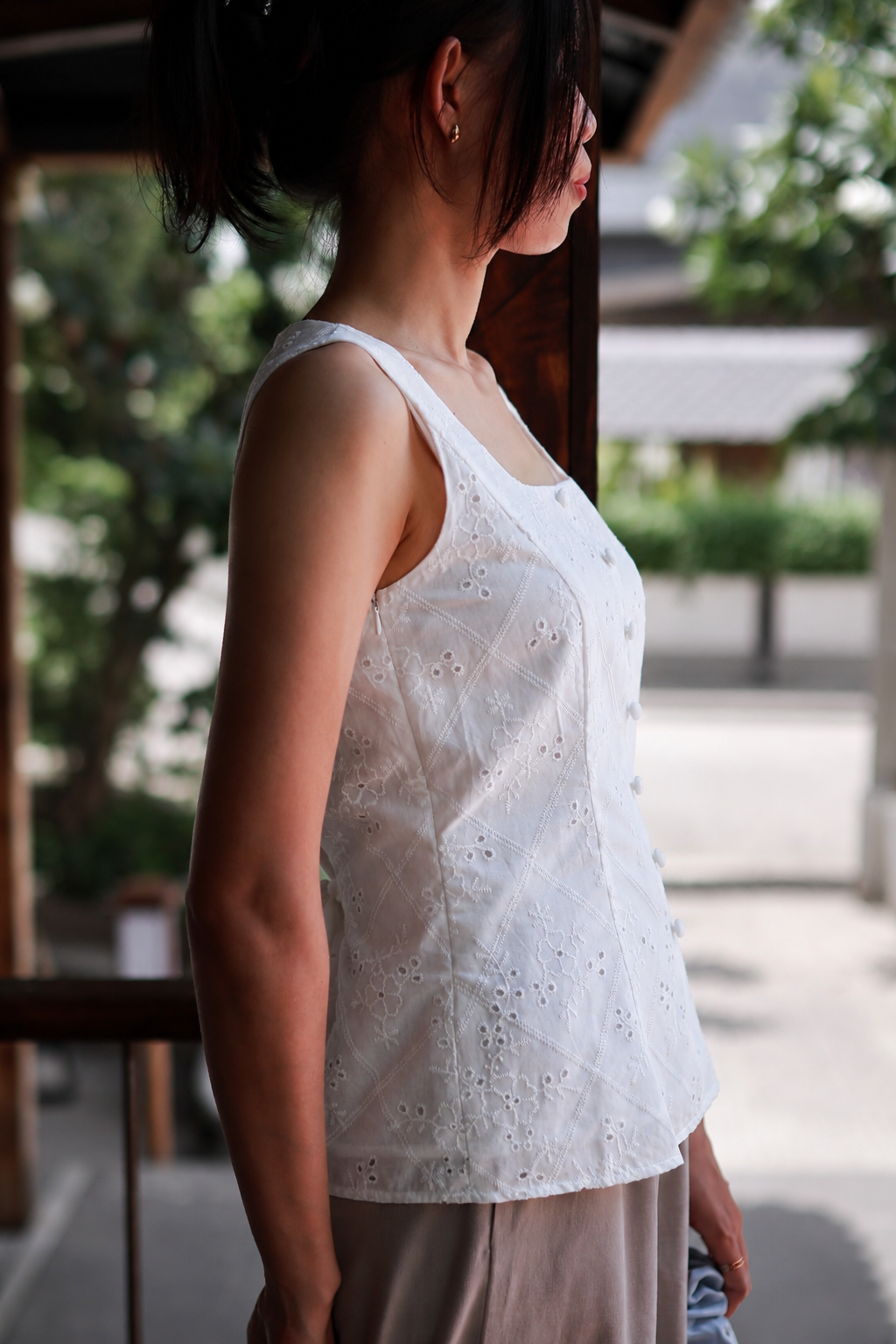 Elise Button Eyelet Top - White