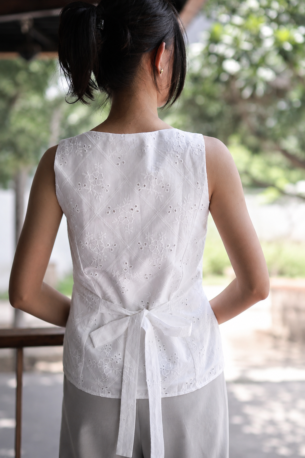 Elise Button Eyelet Top - White