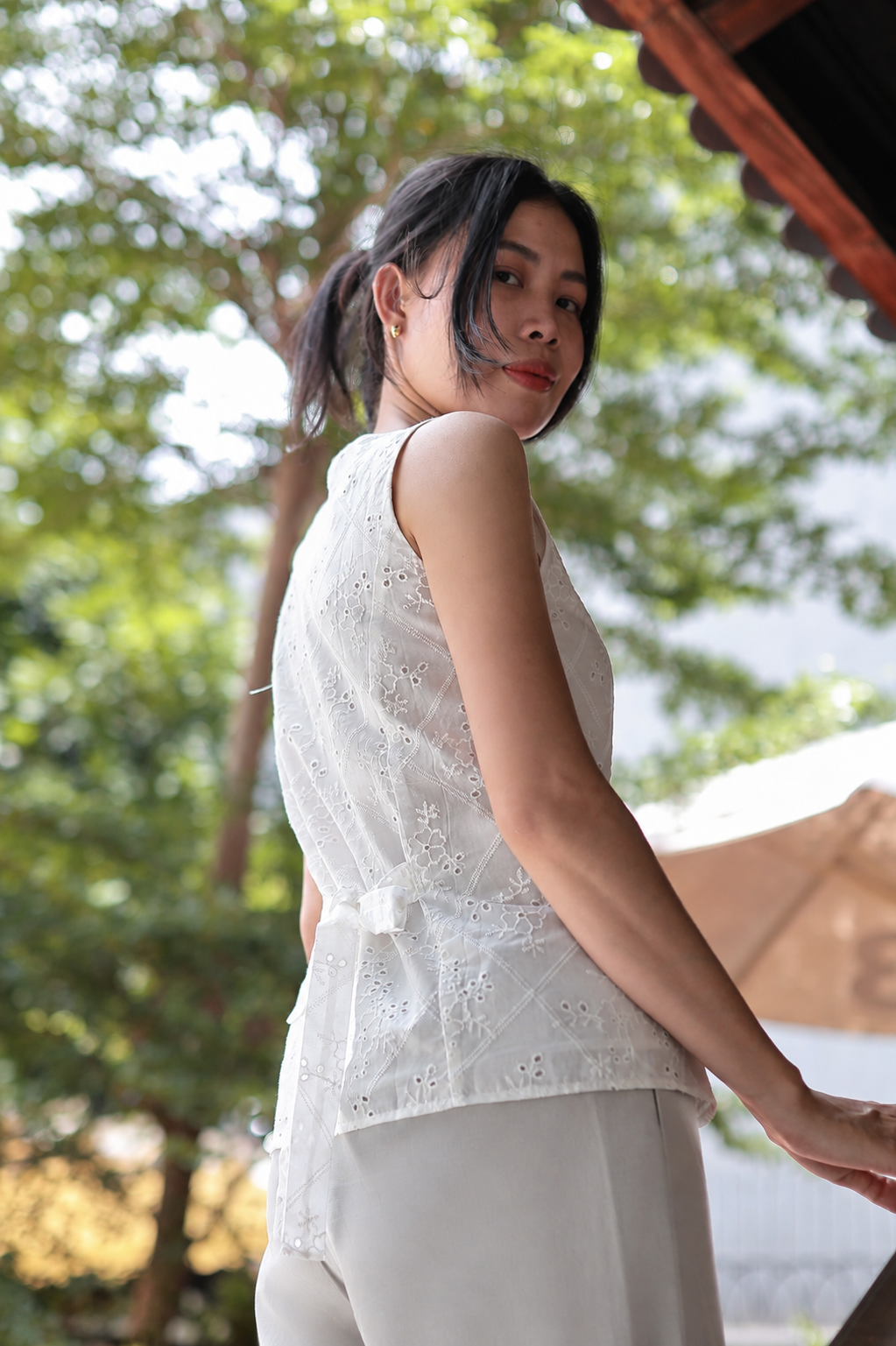 Elise Button Eyelet Top - White