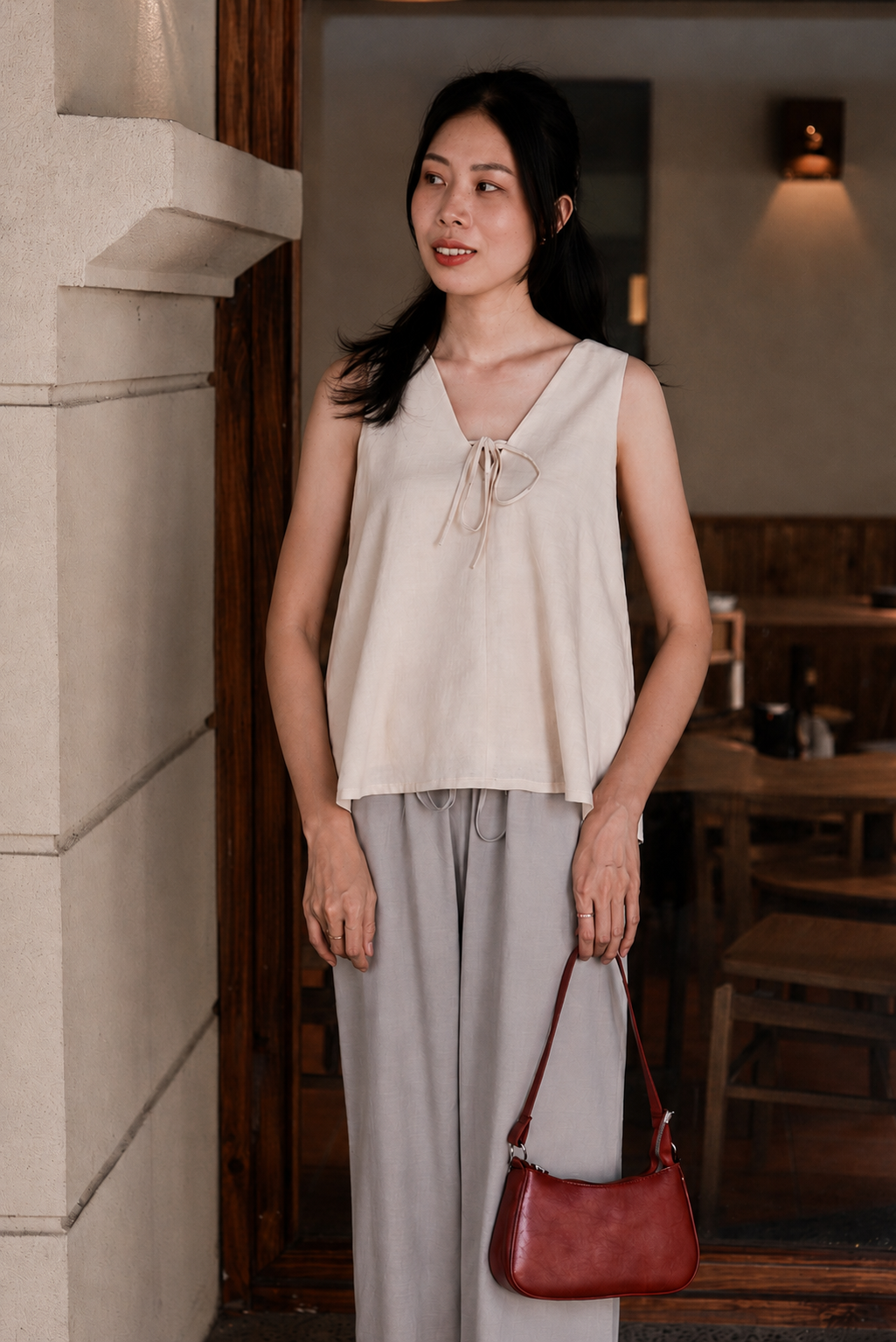 Margot Tie-Front V-Neck Top - Ivory